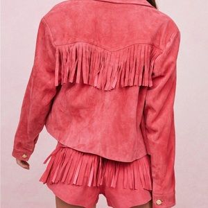 Nasty Gal Suede Fringe Jacket and High waisted Suede Fringe Shorts in Hot Pink